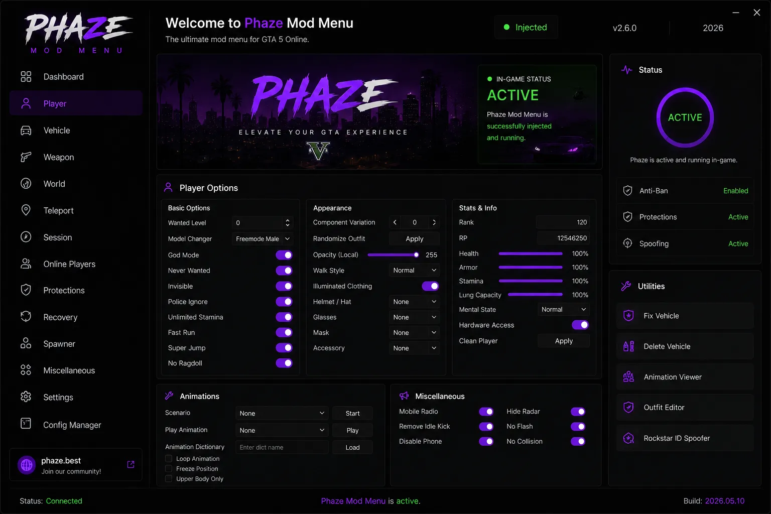 Player options screen for GTA V with appearance and stats controls