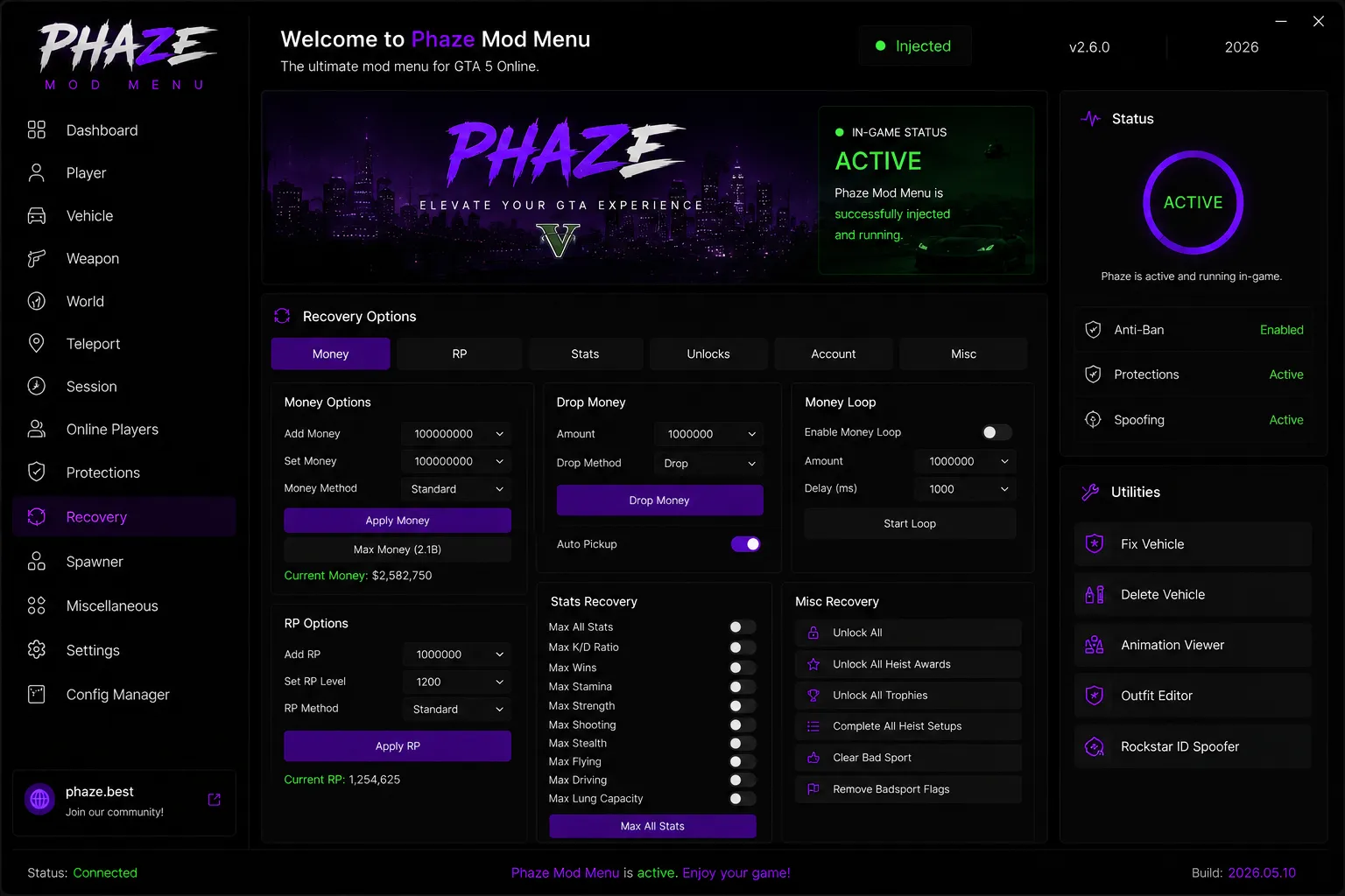 Recovery options with money, RP and stats tools for GTA 5 Online